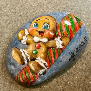 Artisan Hand-Painted oil Gingerbread Rock Art by Artist Kathryn Kinder